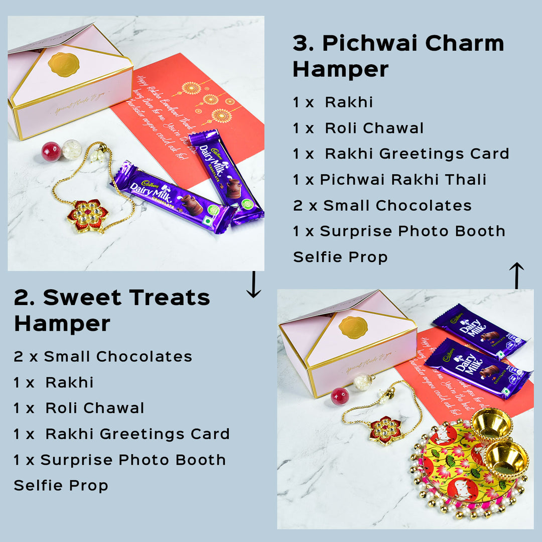 Red Floral Pearl And Stone Bracelet Rakhi Hamper With Chocolates And Roli Chawal For Brother Customizable Options Includes Up To 7 Goodies - Hamper Components with Chocolates