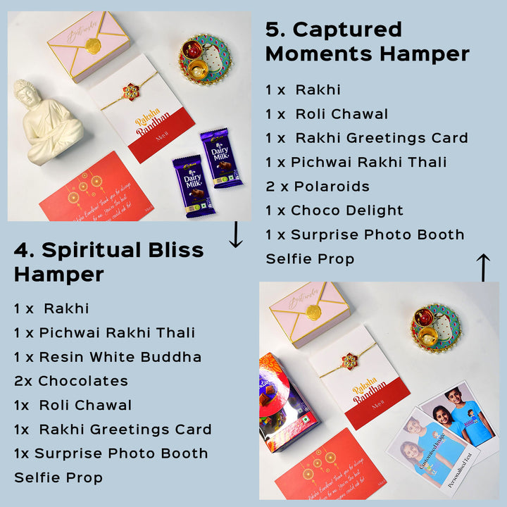Red Floral Pearl And Stone Bracelet Rakhi Hamper With Chocolates And Roli Chawal For Brother Customizable Options Includes Up To 7 Goodies - Complete Hamper Display with Extras