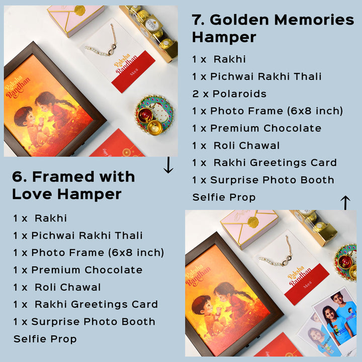 Beaded Infinity Pearl And Stone Bracelet Rakhi Hamper With Chocolates And Roli Chawal For Brother Customizable Options Includes Up To 7 Goodies - Complete hamper display with contents