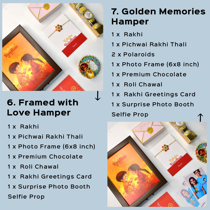 Red Floral Pearl And Stone Bracelet Rakhi Hamper With Chocolates And Roli Chawal For Brother Customizable Options Includes Up To 7 Goodies - Framed Photo and Hamper Arrangement