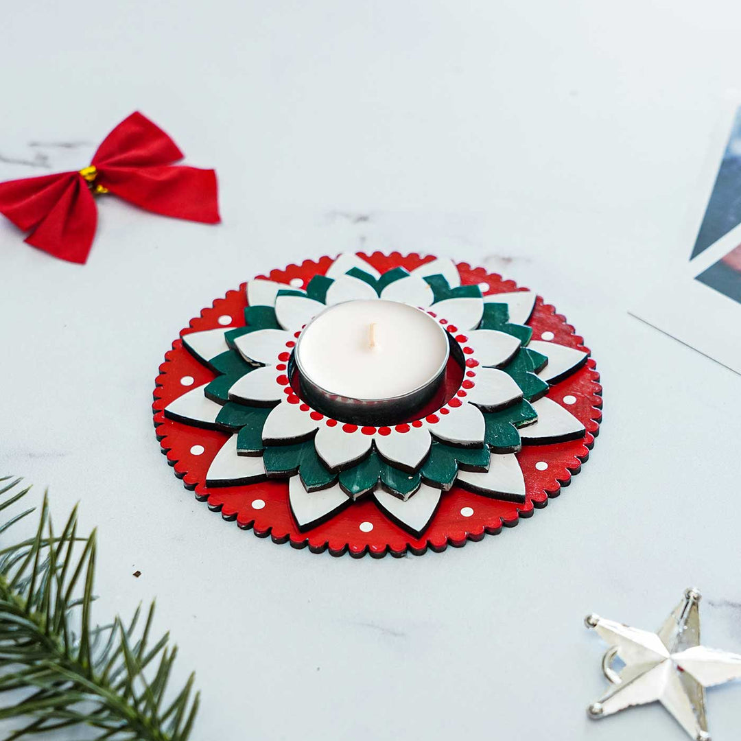 Hand-Painted Layered Wooden Tealight Holders For Christmas Decoration