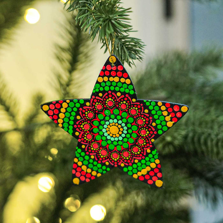 Hand-Painted Star Dot Art Mdf Wood Ornament For Christmas Tree Decoration