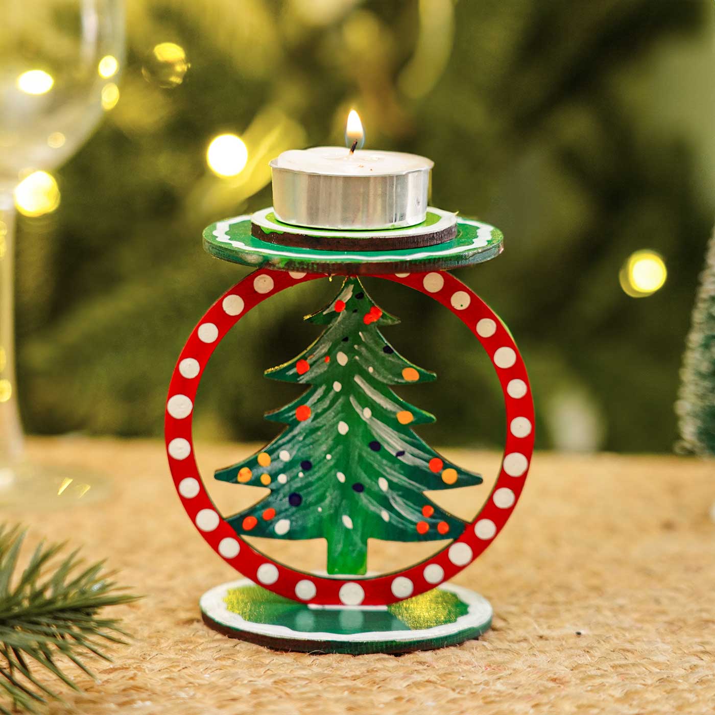 Buy Hand-Painted Tree Wooden Tealight Holders For Christmas