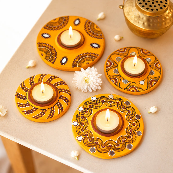 Hand-Painted Multipurpose Terracotta Bloom Light Phoolvati Tealight Holders with Garden Stakes for Garden & Rangoli Decor - Yellow