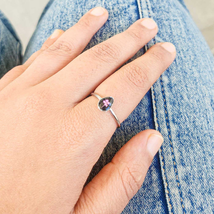 Handmade Pressed Flower Art Pink And Black Resin Ring With Origami Ring Box