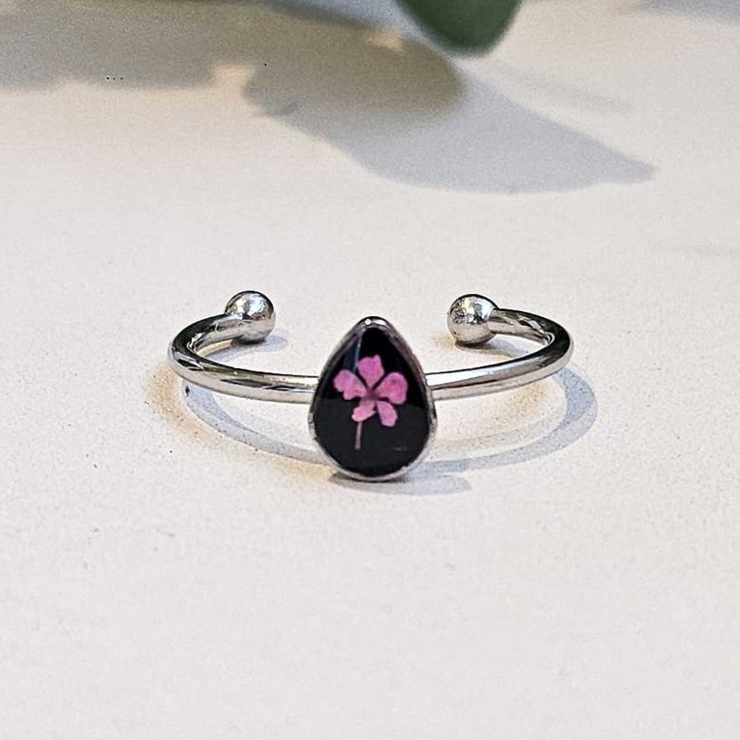 Handmade Pressed Flower Art Pink And Black Resin Ring With Origami Ring Box