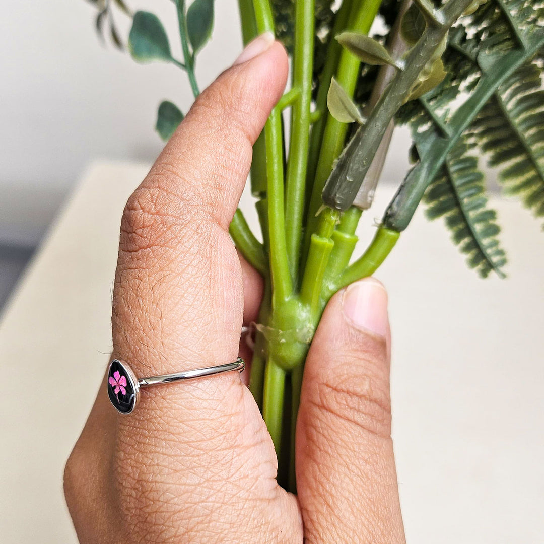 Handmade Pressed Flower Art Pink And Black Resin Ring With Origami Ring Box