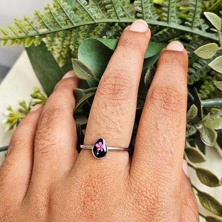 Handmade Pressed Flower Art Pink And Black Resin Ring With Origami Ring Box