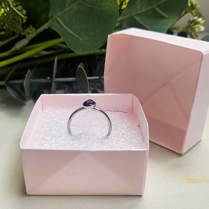 Handmade Pressed Flower Art Pink And Black Resin Ring With Origami Ring Box