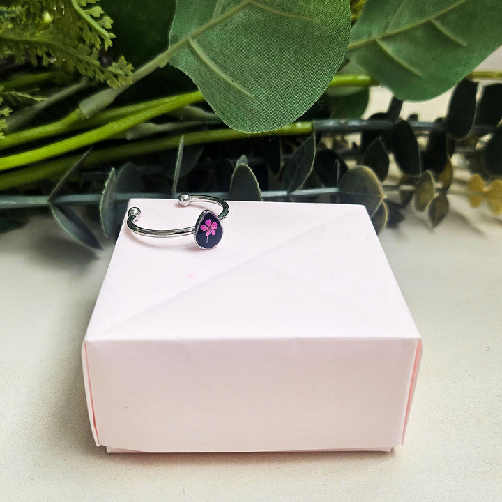 Handmade Pressed Flower Art Pink And Black Resin Ring With Origami Ring Box