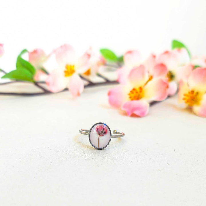 Handmade Pressed Flower Art Pink And White Resin Ring With Origami Ring Box