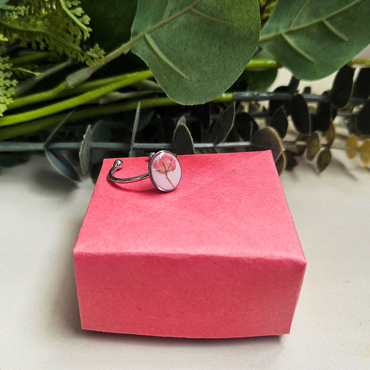 Handmade Pressed Flower Art Pink And White Resin Ring With Origami Ring Box