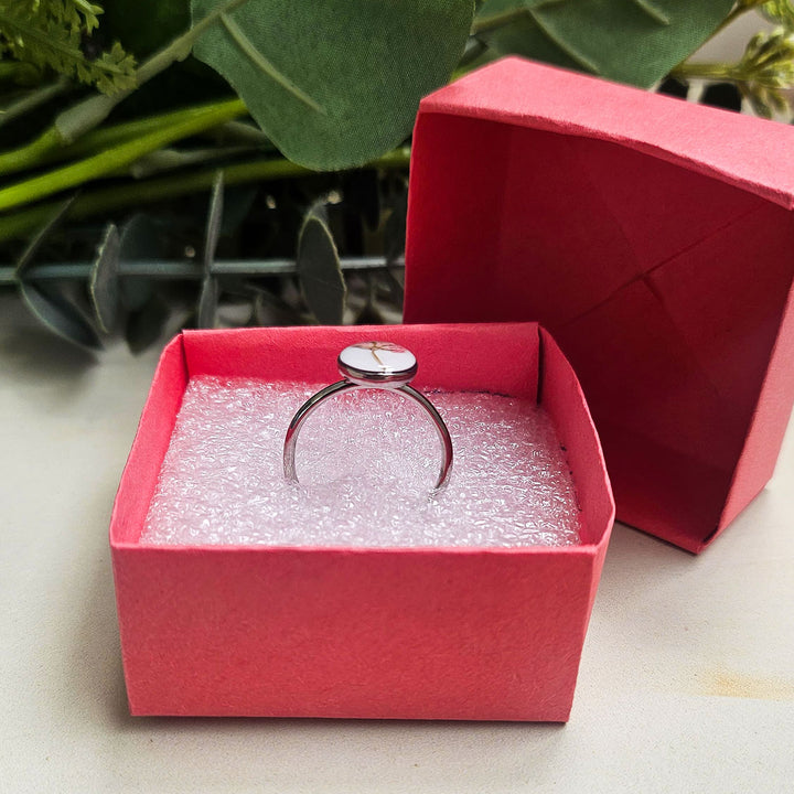 Handmade Pressed Flower Art Pink And White Resin Ring With Origami Ring Box