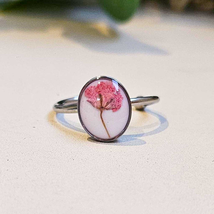 Handmade Pressed Flower Art Pink And White Resin Ring With Origami Ring Box