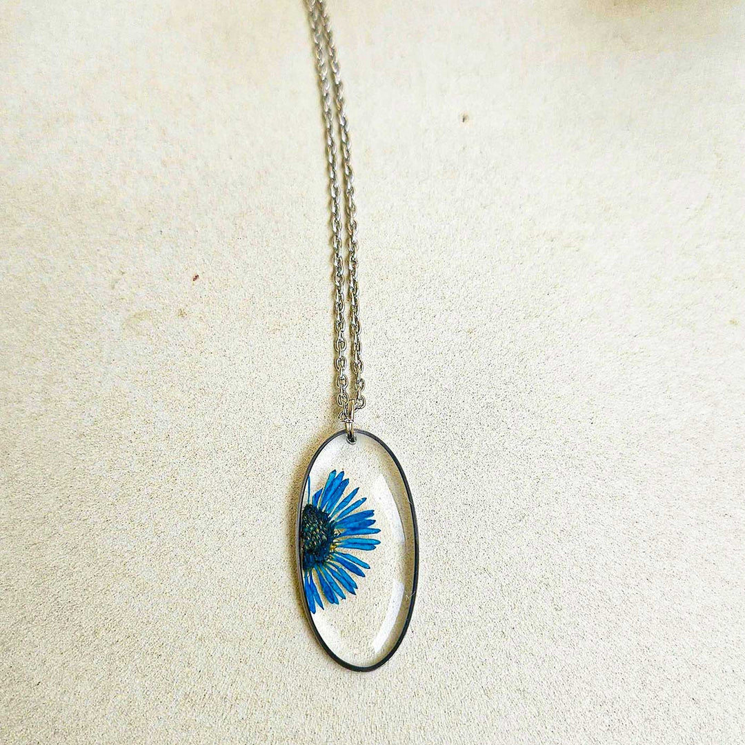 Handmade Pressed Flower Art Blue Resin Necklace