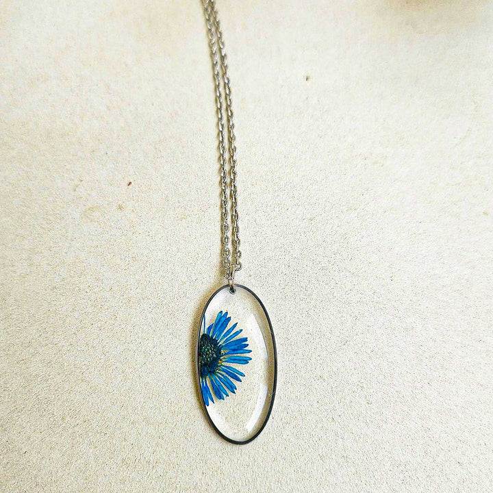 Handmade Pressed Flower Art Blue Resin Necklace
