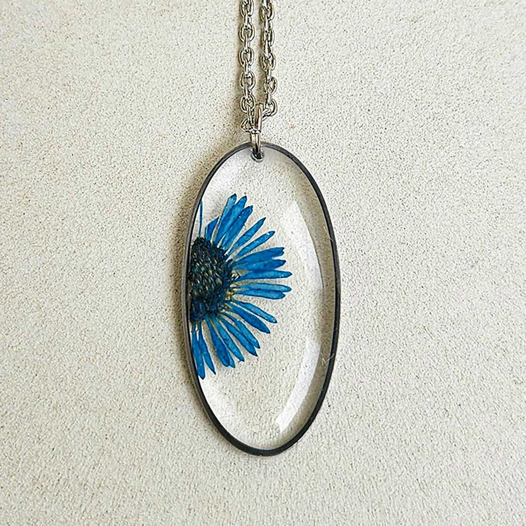 Handmade Pressed Flower Art Blue Resin Necklace