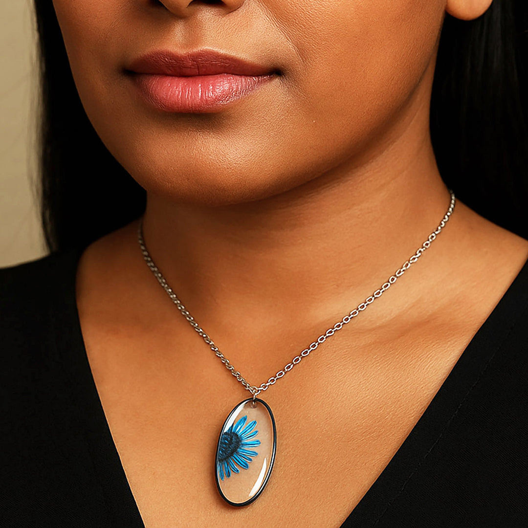 Handmade Pressed Flower Art Blue Resin Necklace