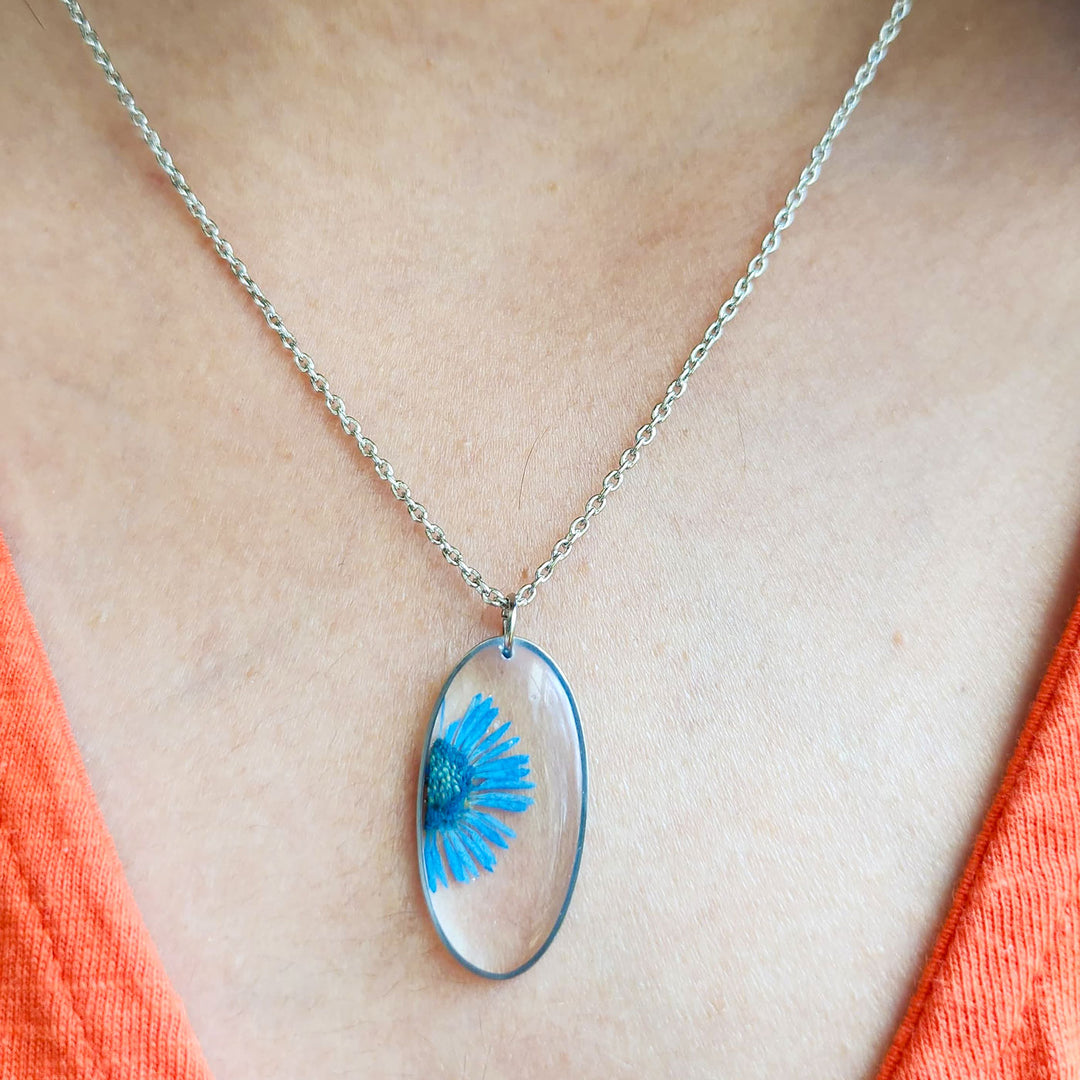 Handmade Pressed Flower Art Blue Resin Necklace