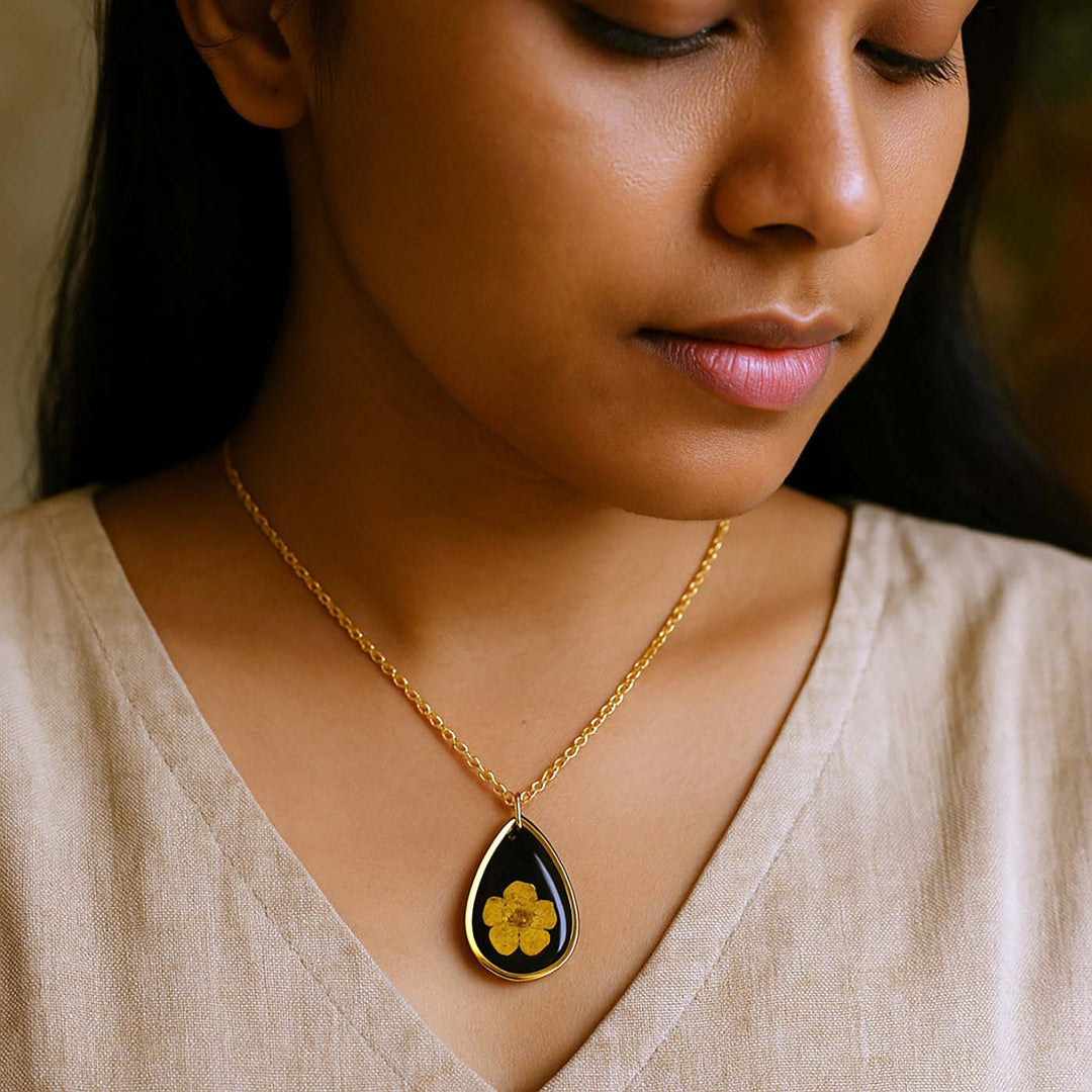 Handmade Pressed Flower Art Yellow Resin Necklace