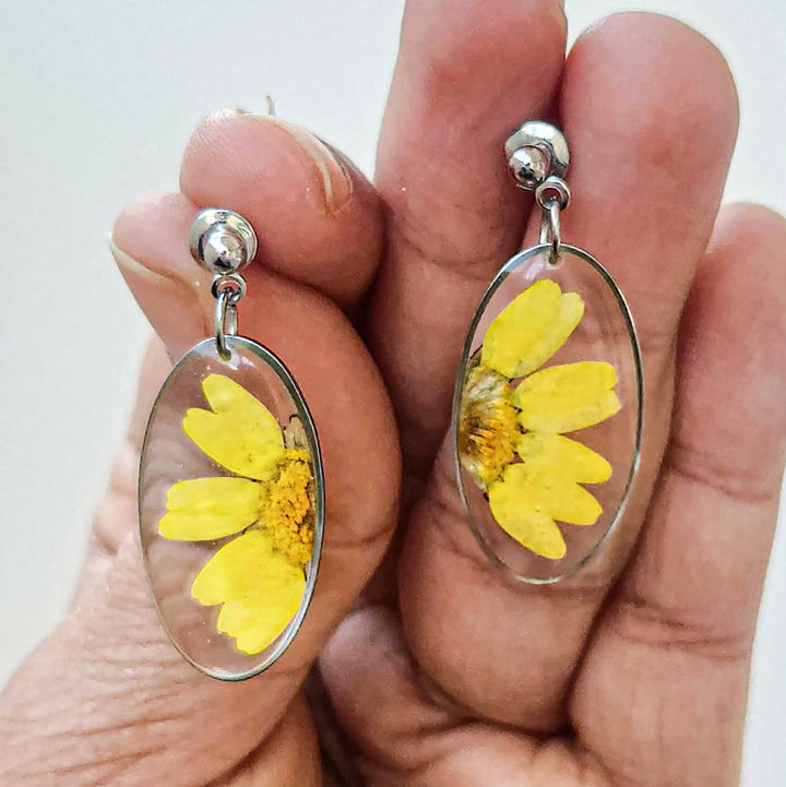 Handmade Pressed Flower Art Yellow Daisy Resin Earrings