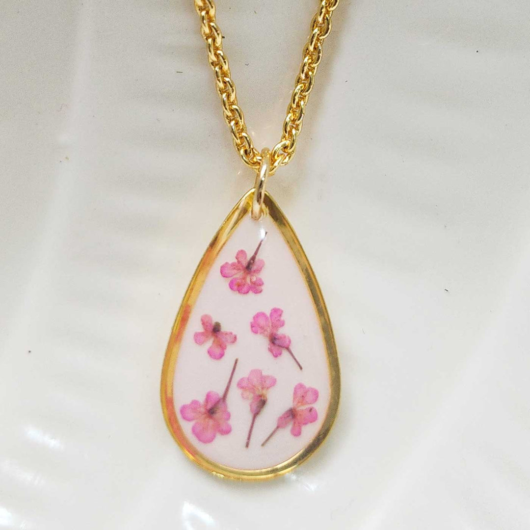 Handmade Pressed Flower Art Pink Cotton Candy Resin Necklace