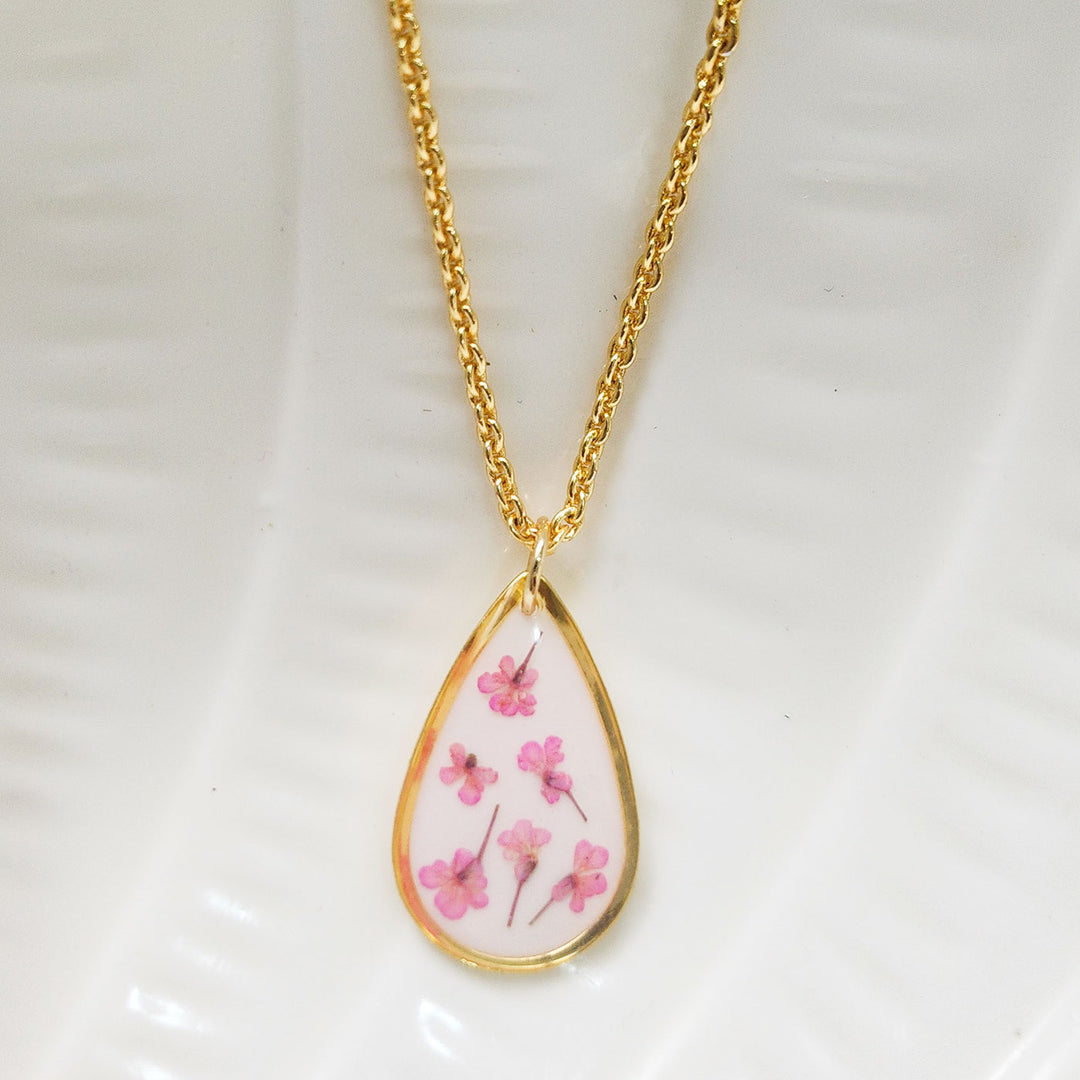 Handmade Pressed Flower Art Pink Cotton Candy Resin Necklace