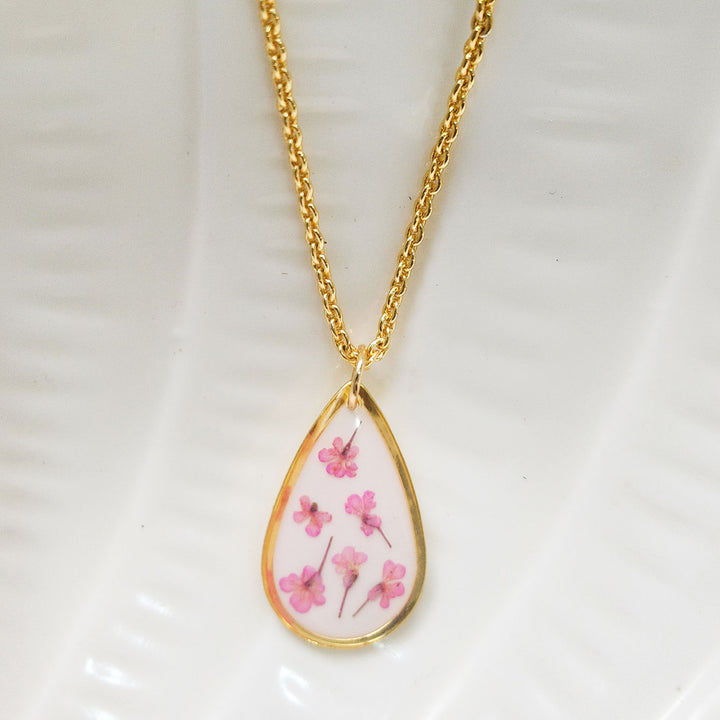 Handmade Pressed Flower Art Pink Cotton Candy Resin Necklace