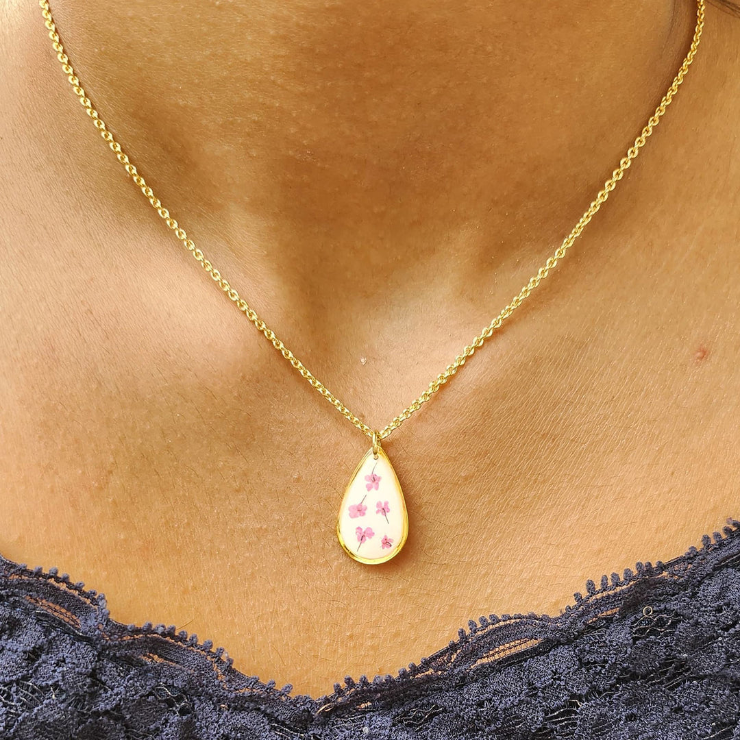 Handmade Pressed Flower Art Pink Cotton Candy Resin Necklace