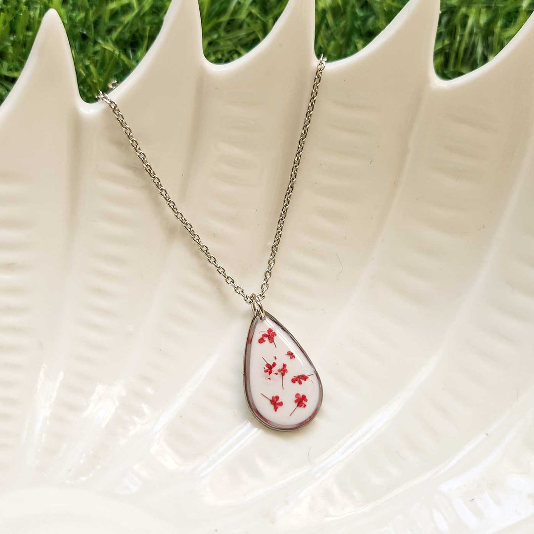Handmade Pressed Flower Art Crimson Red And White Resin Necklace