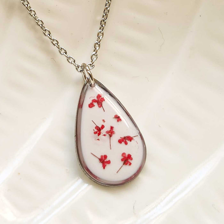 Handmade Pressed Flower Art Crimson Red And White Resin Necklace
