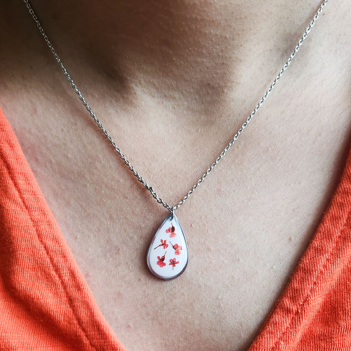 Handmade Pressed Flower Art Crimson Red And White Resin Necklace