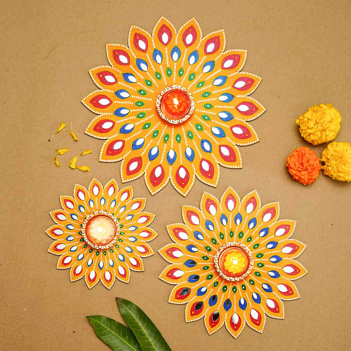 Handcrafted Decorative Multicolour Flower Tealight Holder Combo Pack | Set Of 3