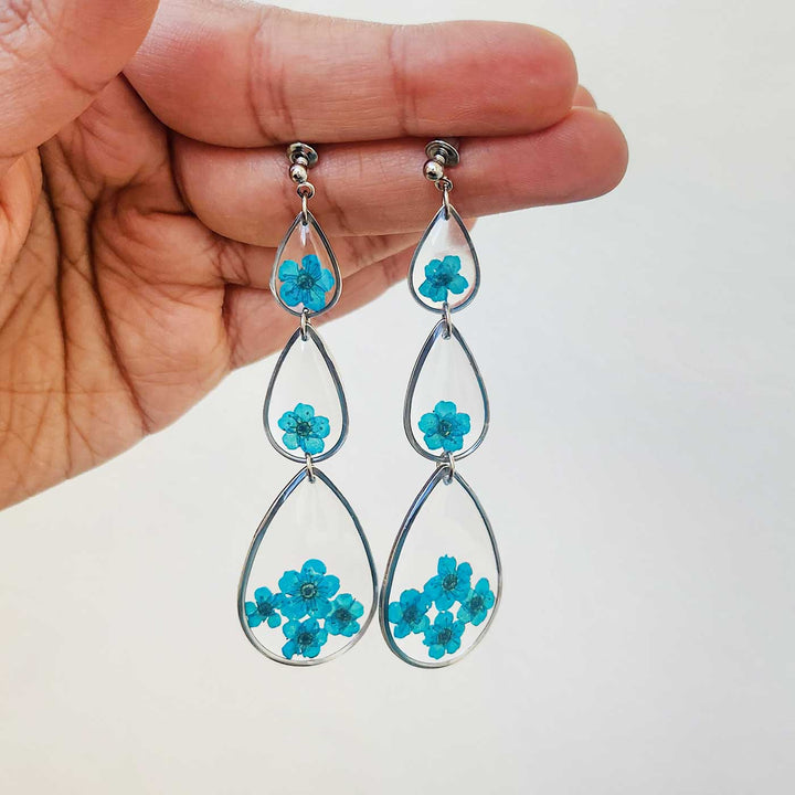 Handmade Pressed Flower Art Deep Sea Blue Resin Earrings