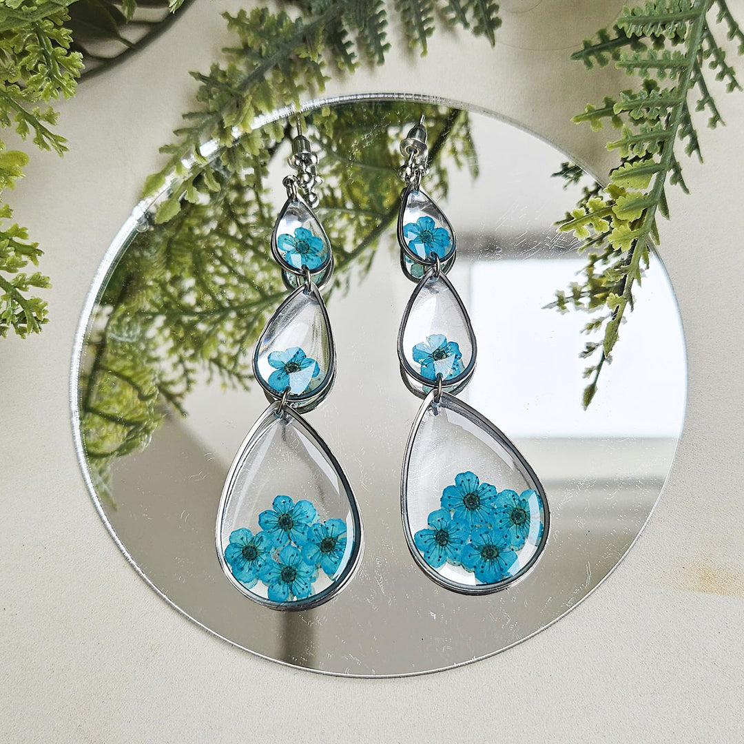 Handmade Pressed Flower Art Deep Sea Blue Resin Earrings