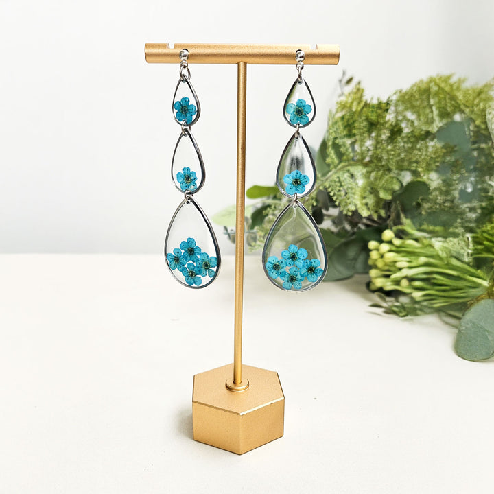 Handmade Pressed Flower Art Deep Sea Blue Resin Earrings