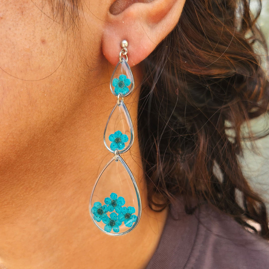Handmade Pressed Flower Art Deep Sea Blue Resin Earrings