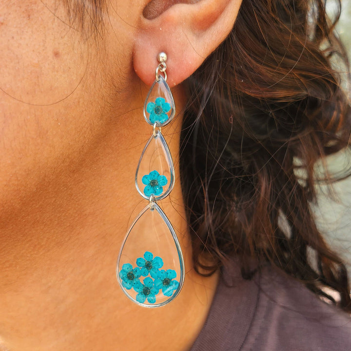 Handmade Pressed Flower Art Deep Sea Blue Resin Earrings