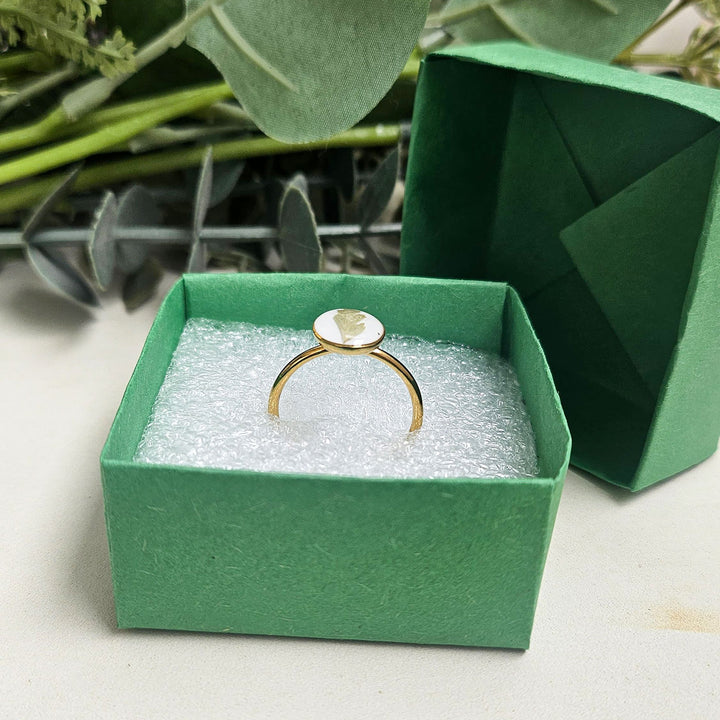 Handmade Pressed Flower Art Golden And White Resin Ring With Origami Ring Box