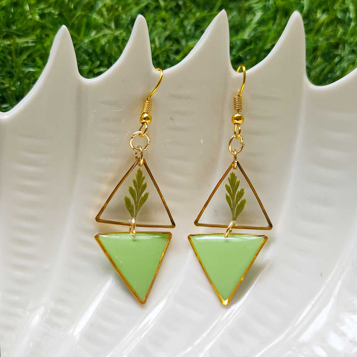 Handmade Green Fern Resin Earrings