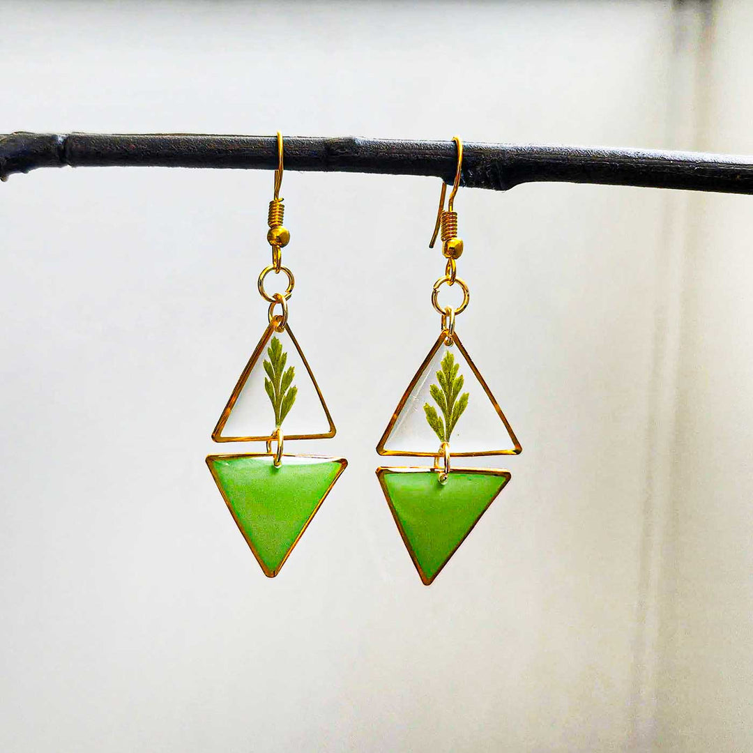 Handmade Green Fern Resin Earrings
