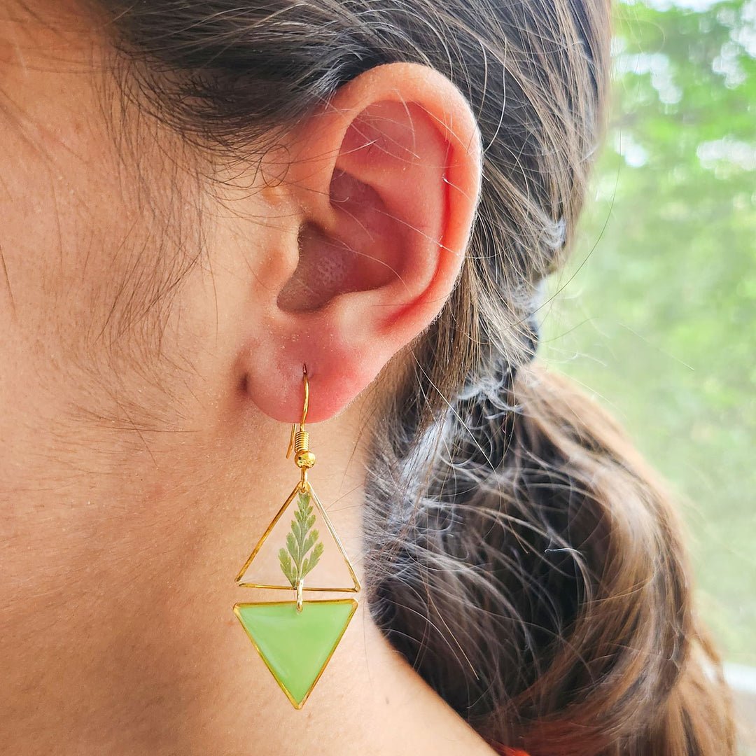 Handmade Green Fern Resin Earrings