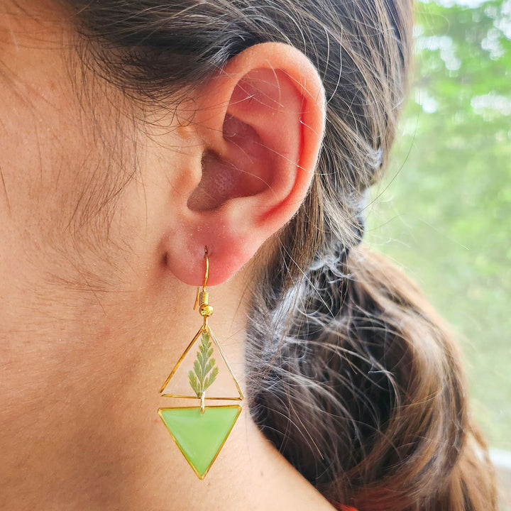 Handmade Green Fern Resin Earrings
