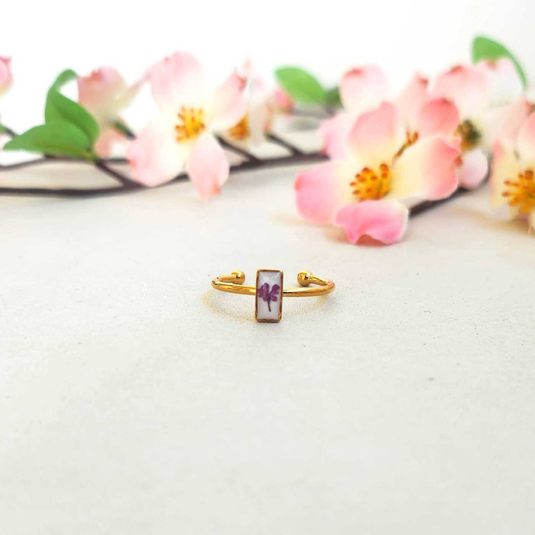 Handmade Pressed Flower Art Lavender Rectangle Resin Ring With Origami Ring Box