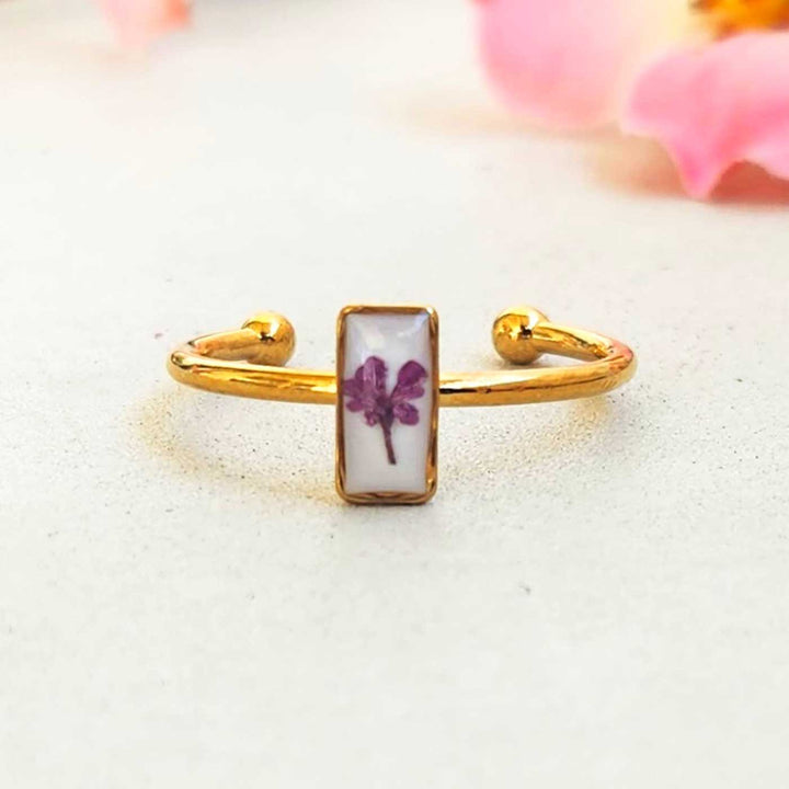 Handmade Pressed Flower Art Lavender Rectangle Resin Ring With Origami Ring Box