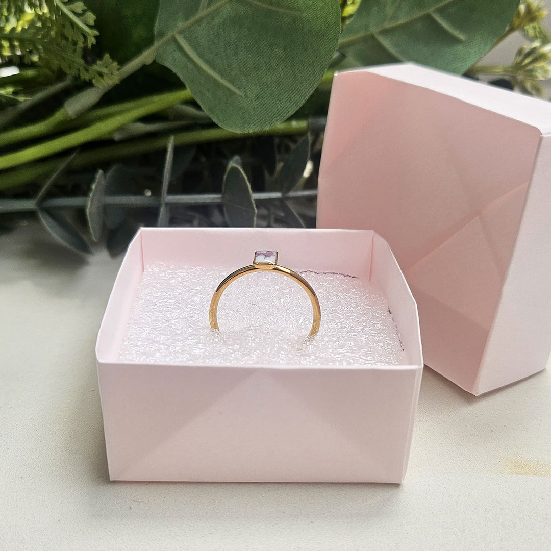 Handmade Pressed Flower Art Lavender Rectangle Resin Ring With Origami Ring Box