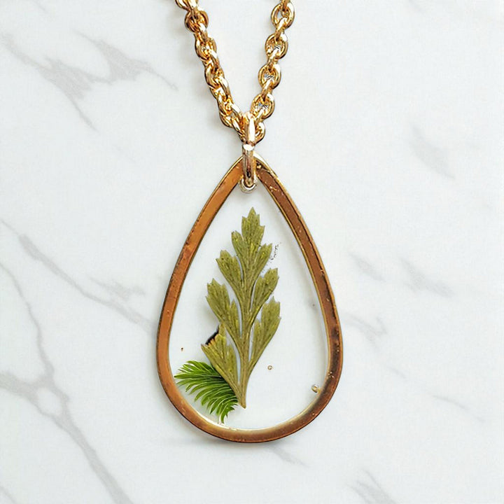 Handmade Pressed Flower Art Golden Leaf Resin Necklace