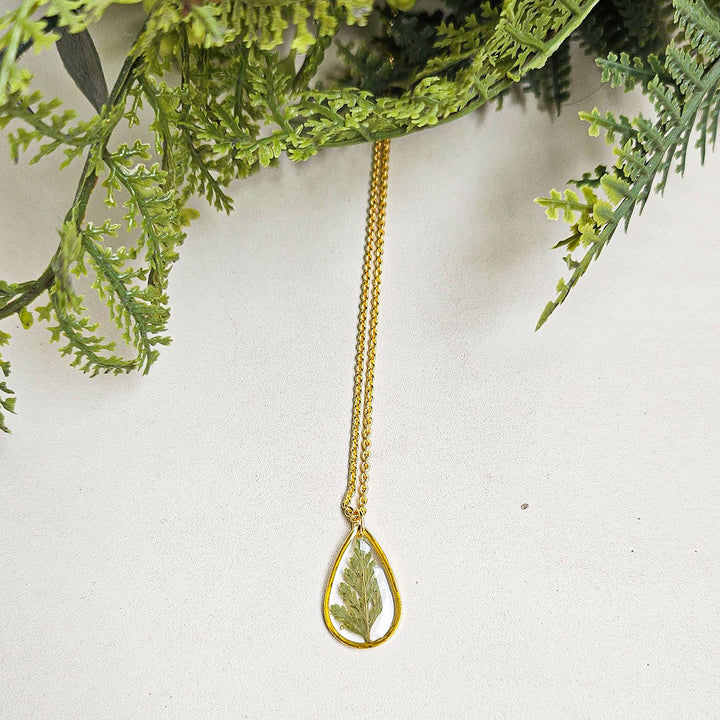 Handmade Pressed Flower Art Golden Leaf Resin Necklace