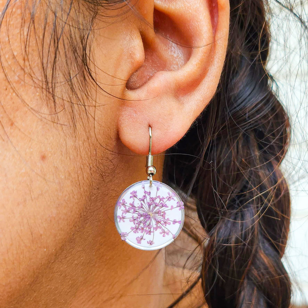 Handmade Pressed Flower Art Purple Resin Earrings