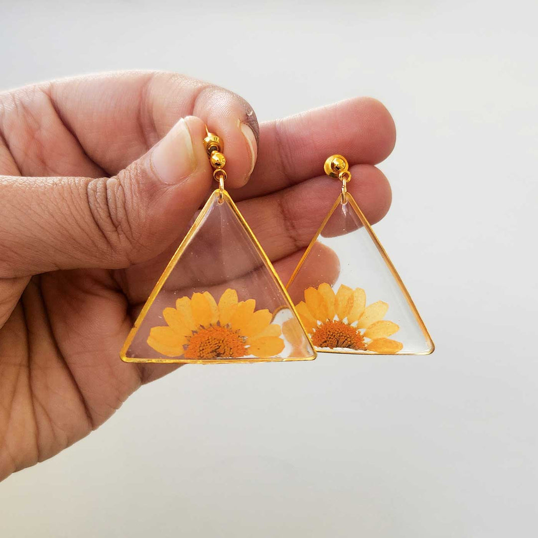 Handmade Pressed Flower Art Orange Resin Earrings